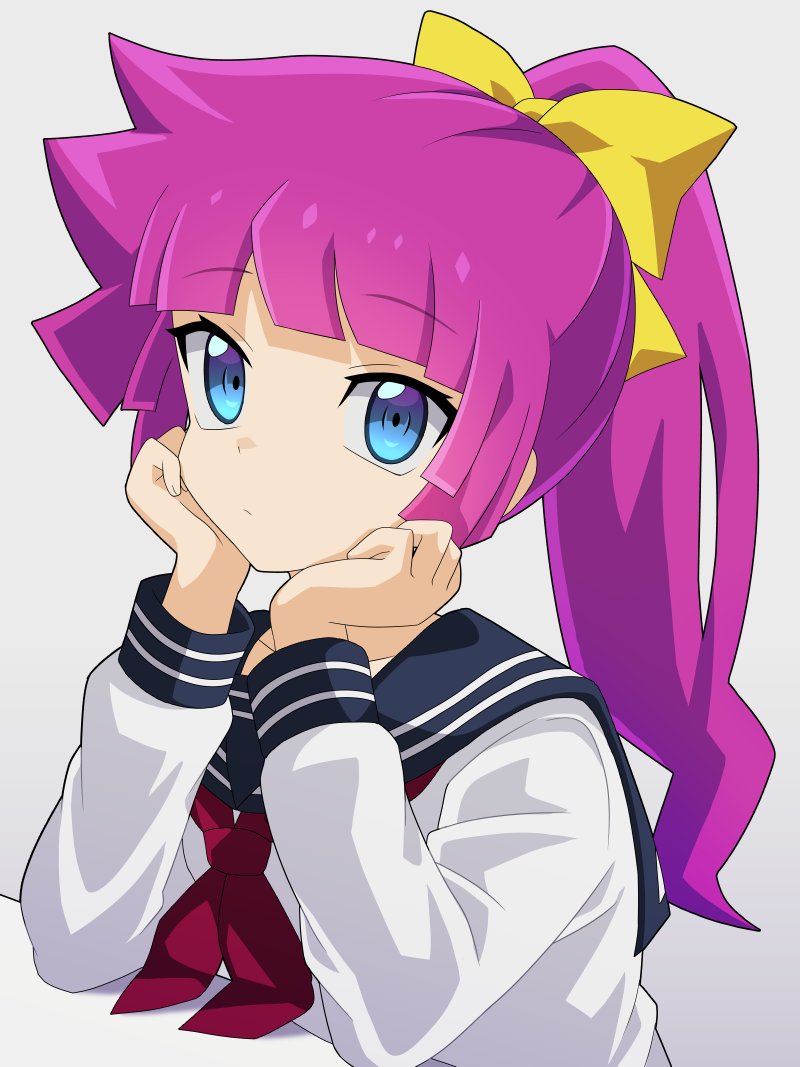 1girl blue_eyes blue_sailor_collar blue_sleeve_cuffs blunt_bangs bow closed_mouth collarbone collared_shirt curled_fingers dot_mouth dot_nose elbow_rest elbows_on_table eyebrows_hidden_by_hair grey_background hair_bow head_on_hands high_ponytail kirishima_romin kura_(xxcracy) long_eyelashes long_hair long_sleeves neckerchief pink_hair ponytail red_neckerchief sailor_collar school_uniform serafuku shirt sidelocks simple_background solo thick_eyelashes three_quarter_view upper_body white_background white_shirt yellow_bow yu-gi-oh! yu-gi-oh!_sevens