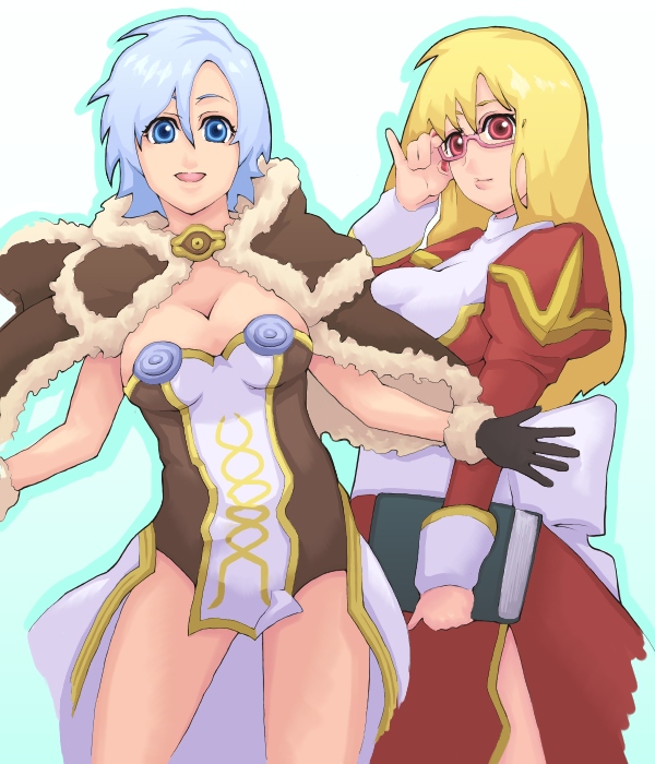 2girls adjusting_eyewear back_bow blonde_hair blue_eyes blue_hair blush book bow breasts brown_cape brown_dress brown_gloves cape cleavage closed_mouth cowboy_shot dress fur-trimmed_cape fur-trimmed_gloves fur_trim glasses gloves high_priest_(ragnarok_online) high_wizard_(ragnarok_online) holding holding_book hutene juliet_sleeves large_breasts layered_dress long_hair long_sleeves looking_at_viewer multiple_girls open_mouth pink-framed_eyewear puffy_sleeves ragnarok_online red_dress red_eyes sash short_dress smile strapless strapless_dress two-tone_dress white_background white_bow white_dress white_sash