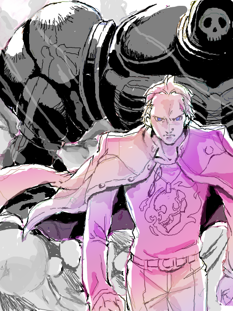1boy atlus belt bullet clenched_hands dual_persona glasses jacket jacket_on_shoulders jewelry jinkai_yamizawa long_sleeves looking_at_viewer male_focus manly monochrome necklace nose_piercing pants persona persona_4 piercing scar short_hair skull solo standing take-mikazuchi tatsumi_kanji walking widow&#039;s_peak yamizawa
