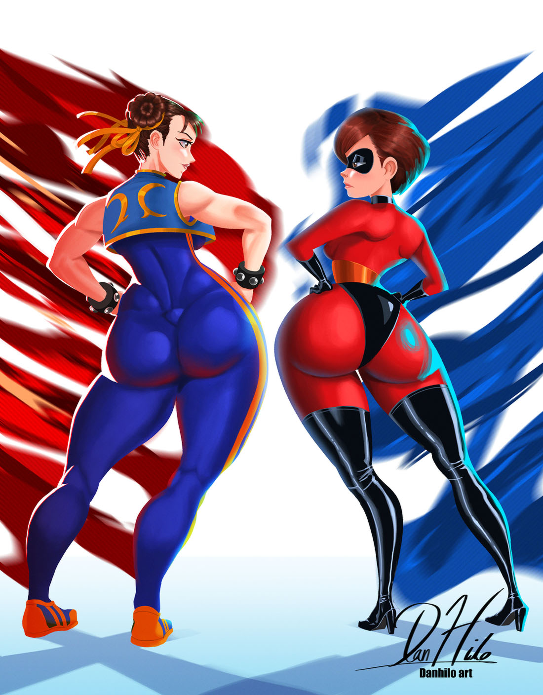 2girls ass black_footwear blue_unitard blue_vest bodysuit boots brown_eyes brown_hair capcom chun-li danhilo domino_mask double_bun elastigirl from_behind hair_bun hair_ribbon hands_on_own_hips helen_parr high_heel_boots high_heels highres huge_ass looking_at_another mask multiple_girls ribbon short_hair skin_tight sleeveless sleeveless_bodysuit standing street_fighter street_fighter_zero_(series) superhero_costume the_incredibles thigh_boots toned unitard vest