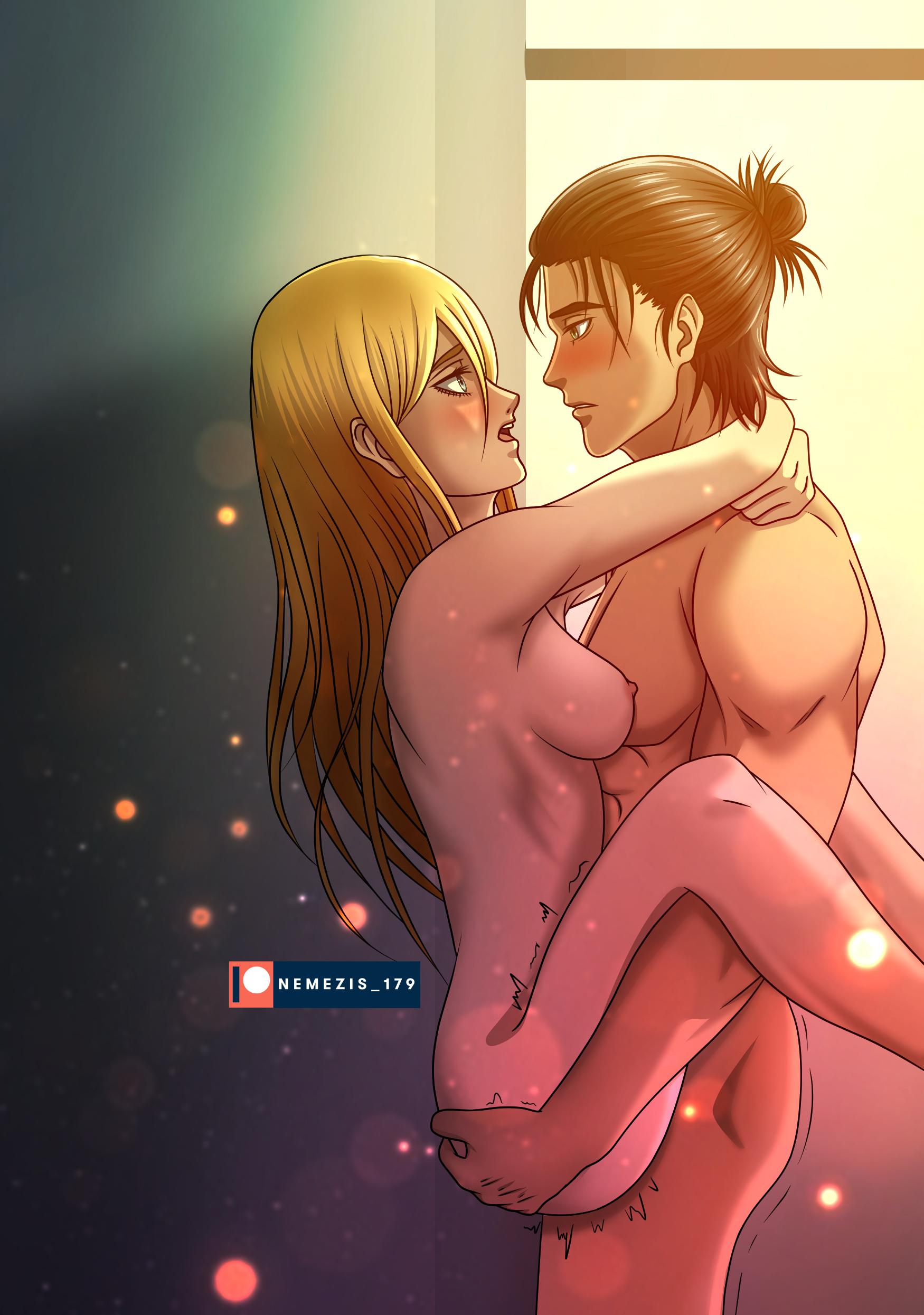 nemesis179, eren yeager, krista lenz, shingeki no kyojin, ass grab,  absurdres, highres, 1boy, 1girl, ass, bare shoulders, black hair, blonde  hair, blue eyes, blush, breasts, carrying, eren and historia (attack on  titan),