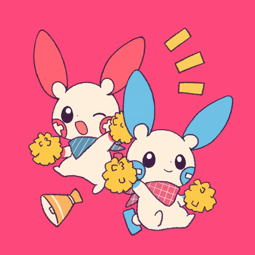 ;d animal_focus blue_neckerchief closed_mouth clothed_pokemon creatures_(company) dot_nose game_freak gen_3_pokemon holding holding_pom_poms inomo_(qimoshu) megaphone minun neckerchief nintendo no_humans notice_lines one_eye_closed open_mouth plusle pokemon pokemon_(creature) pokemon_focus pom_pom_(cheerleading) pom_poms red_background red_neckerchief simple_background smile