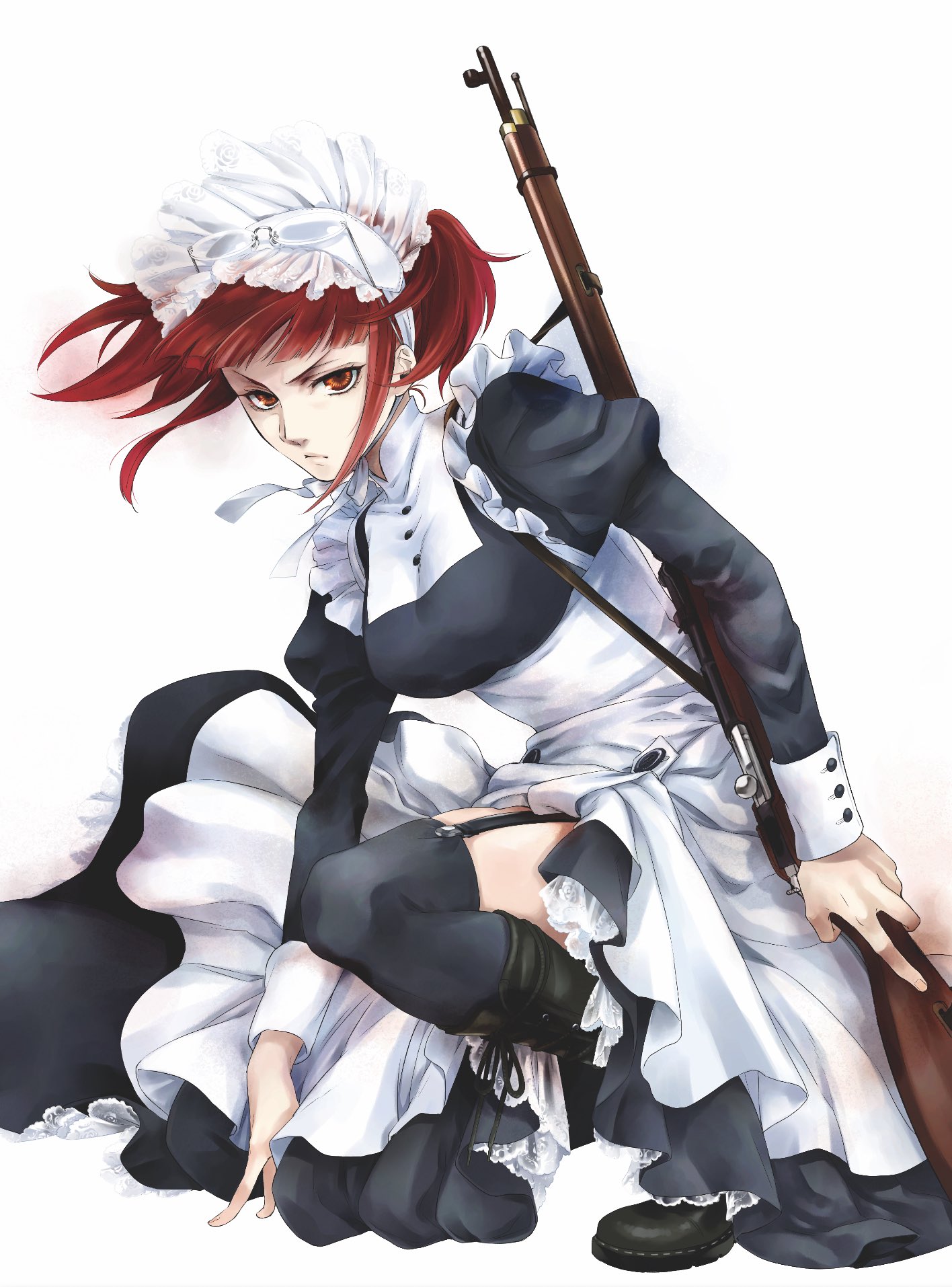 1girl apron black_boots black_dress black_thighhighs bolt_action boots collared_dress dress eyewear_on_head frills garter_straps glasses gun highres holding holding_gun holding_weapon juliet_sleeves knee_boots kuroshitsuji long_dress long_sleeves maid maid_apron maid_headdress medium_hair meirin_(kuroshitsuji) mosin-nagant official_art on_one_knee puffy_sleeves red_eyes red_hair rifle rimless_eyewear shirt simple_background sleeve_cuffs sniper_rifle solo thighhighs toboso_yana twintails weapon white_apron white_shirt
