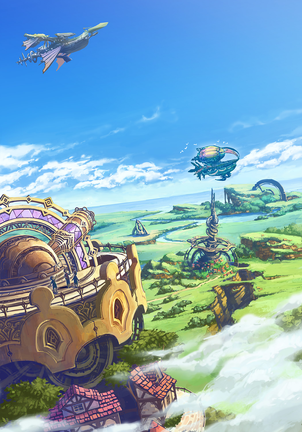 above_clouds aircraft airship architecture bird blue_sky bridge building chimney cloud day fantasy field flying highres horizon house kazuhi landscape nature no_humans original outdoors river scenery sky tower tree water windmill