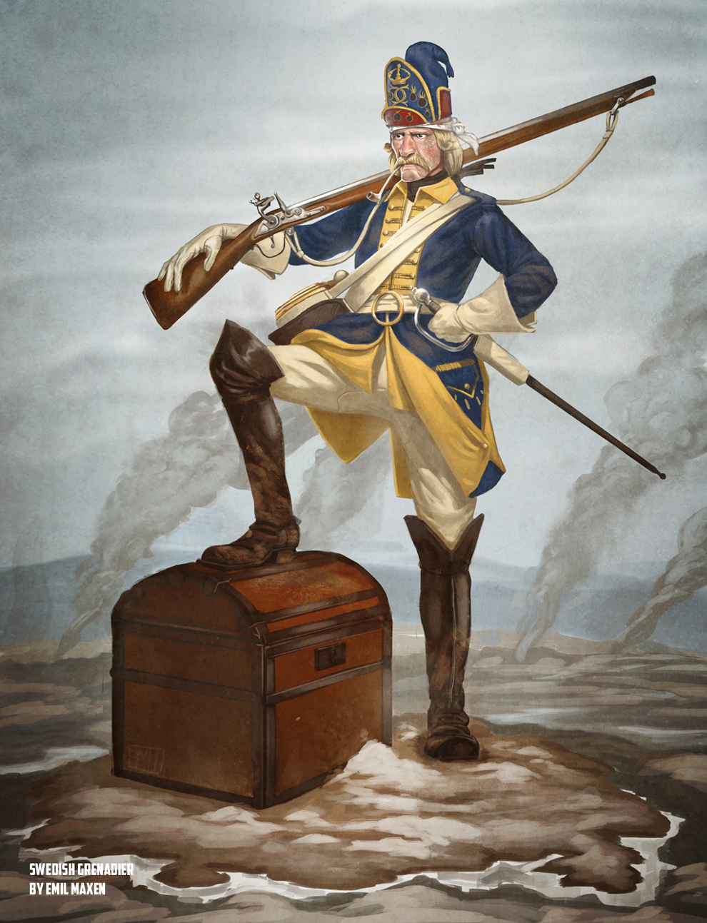 1boy beard blonde_hair blue_eyes blue_jacket boots captain_morgan_pose carolean commentary emilmaxen english_commentary facial_hair full_body gloves grey_sky gun hat highres holding holding_gun holding_sword holding_weapon jacket knee_boots male_focus military military_hat military_uniform musket original outdoors pants saber_(weapon) scabbard sheath sky smoke smoking_pipe solo standing sweden sword treasure_chest weapon white_gloves white_pants