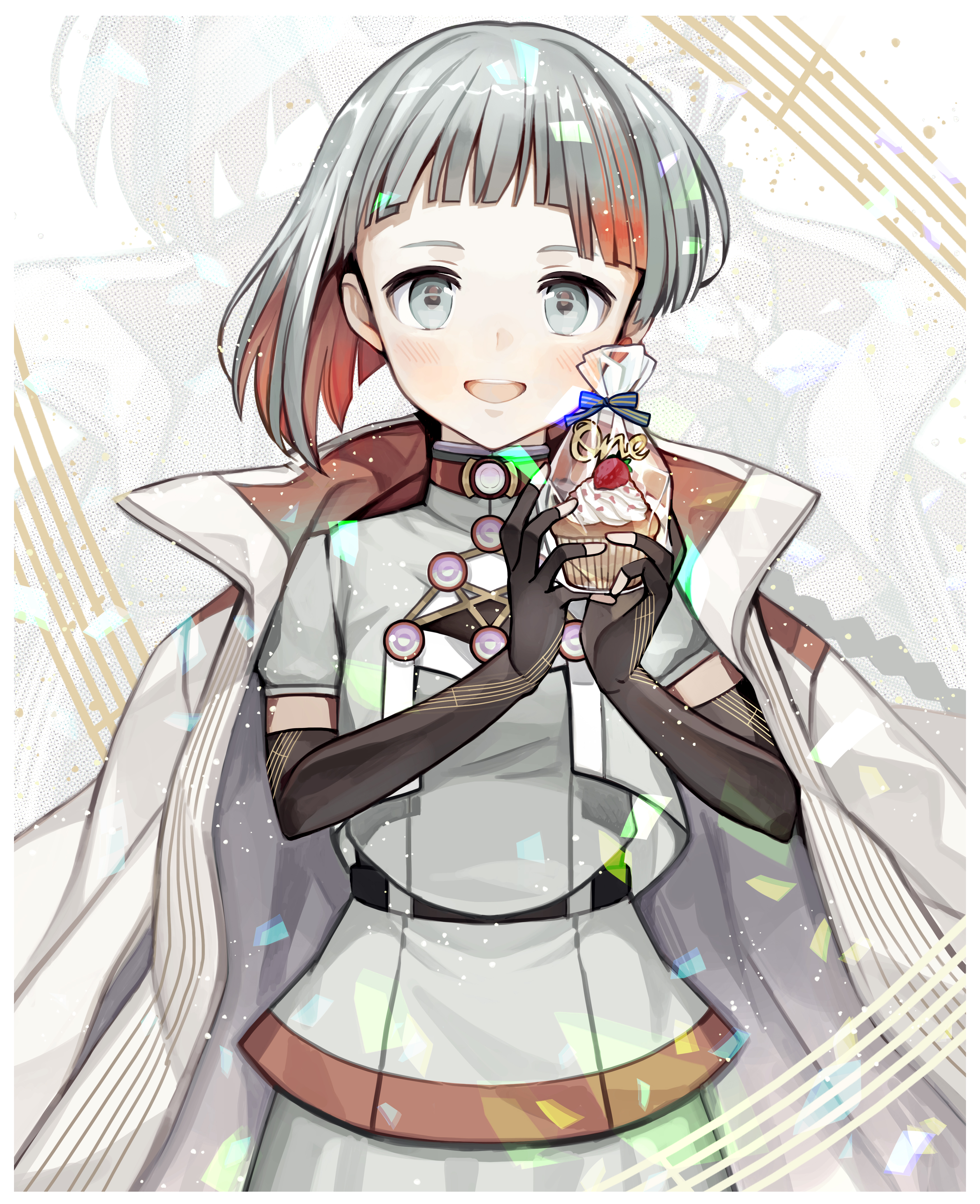 1girl absurdres bag black_gloves bridal_gauntlets cevio chis-a colored_inner_hair commentary confetti cupcake elbow_gloves food fruit gloves green_eyes green_hair green_shirt highres holding holding_bag holding_food kari_kenji light_blush looking_at_viewer multicolored_hair open_mouth orange_hair shirt short_hair smile solo musical_staff straight-on strawberry two-tone_hair upper_body voisona white_background zoom_layer