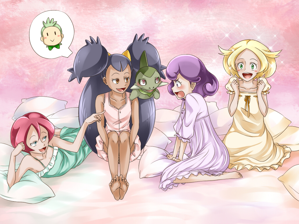 4girls alternate_costume axew barefoot bianca_(pokemon) black_hair blonde_hair brown_eyes burgundy_(pokemon) cilan_(pokemon) dark-skinned_female dark_skin embarrassed feet gaigai gen_5_pokemon georgia_(pokemon) green_eyes hugging_own_legs iris_(pokemon) long_hair multiple_girls nightgown nintendo pointing pointing_at_another pokemon pokemon_(anime) pokemon_(creature) pokemon_bw_(anime) purple_hair red_hair seiza short_hair sitting sleepover sleepwear soles sparkle toes yokozuwari