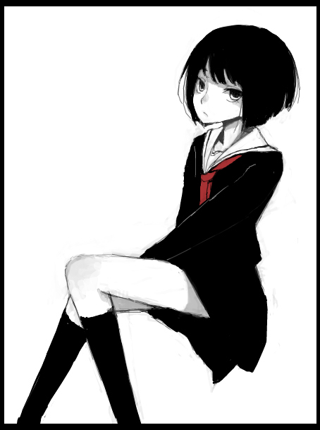 1girl black_serafuku bob_cut commentary_request expressionless haruhito_(divineshalt) looking_at_viewer monochrome original school_uniform serafuku short_hair simple_background skirt solo spot_color tsurime