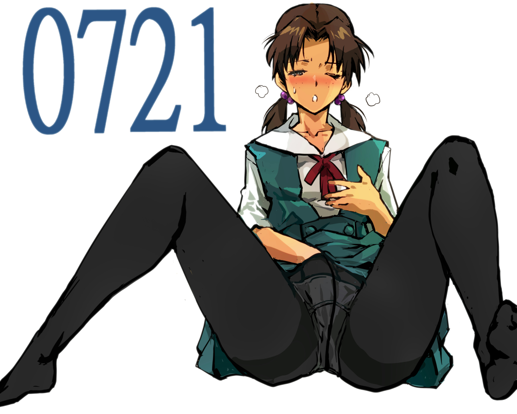 1girl black_pantyhose blush breasts closed_eyes clothes_lift crotch_seam female_masturbation freckles grabbing_own_breast hand_on_own_chest hand_under_clothes heavy_breathing horaki_hikari kamisimo_90 low_twintails masturbation neon_genesis_evangelion one_eye_closed open_mouth panties panties_under_pantyhose pantyhose parted_bangs school_uniform short_sleeves short_twintails simple_background sitting skirt skirt_lift spread_legs sweat twintails underwear white_panties