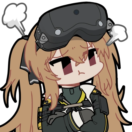 1girl angry black_ribbon brown_hair chibi chinese_commentary crossed_arms girls&#039;_frontline girls&#039;_frontline_2:_exilium hair_ribbon head-mounted_display jacket lenna_(girls&#039;_frontline_2) long_hair looking_at_viewer madcore official_art pout ribbon second-party_source solo steam twintails ump9_(girls&#039;_frontline)