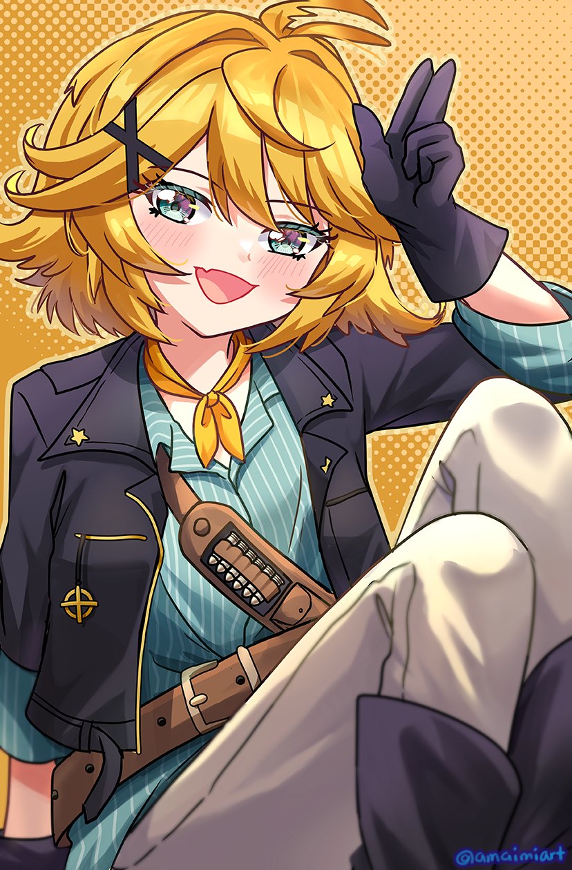 1girl :d ahoge amaimi aqua_eyes aqua_shirt belt black_footwear black_gloves black_jacket blonde_hair blush brown_belt commentary dokibird_(vtuber) dokibird_(vtuber)_(bounty_hunter) english_commentary fang feet_out_of_frame gloves hair_ornament hairclip highres indie_virtual_youtuber jacket looking_at_viewer medium_hair neckerchief open_clothes open_jacket open_mouth orange_background orange_neckerchief pants shirt sitting skin_fang smile solo virtual_youtuber white_pants