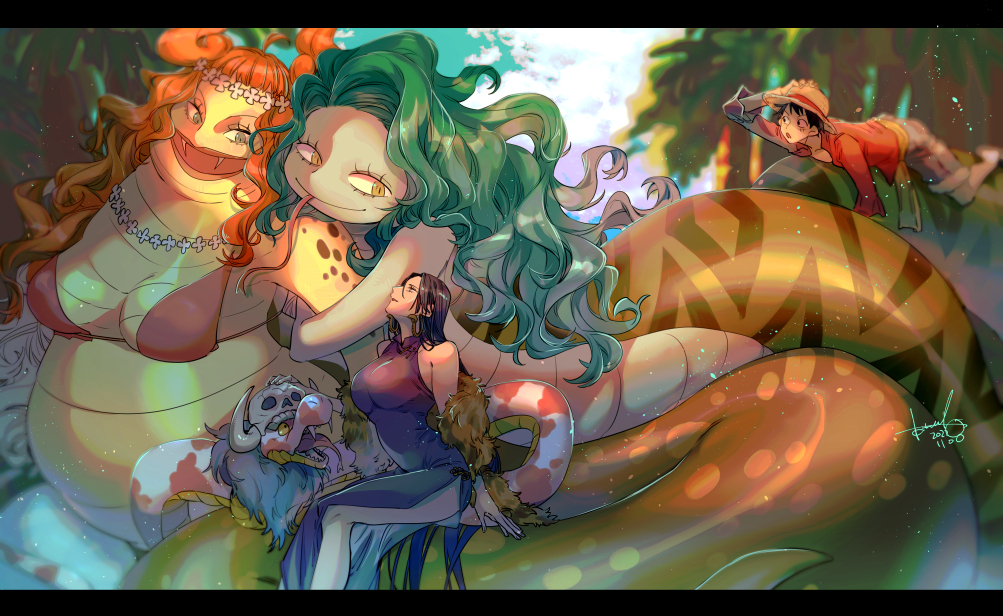 1boy 3girls aktrks01 amazon_lily bikini bikini_top_only black_hair boa_hancock boa_marigold boa_sandersonia breasts colored_skin dress earrings fangs green_hair green_skin hat horns jewelry large_breasts long_hair monkey_d._luffy multiple_girls necklace one_piece orange_hair palm_tree purple_dress salome_(one_piece) size_difference skull smile snake snake_earrings snake_girl snake_tail snake_tongue straw_hat tail tree yellow_eyes