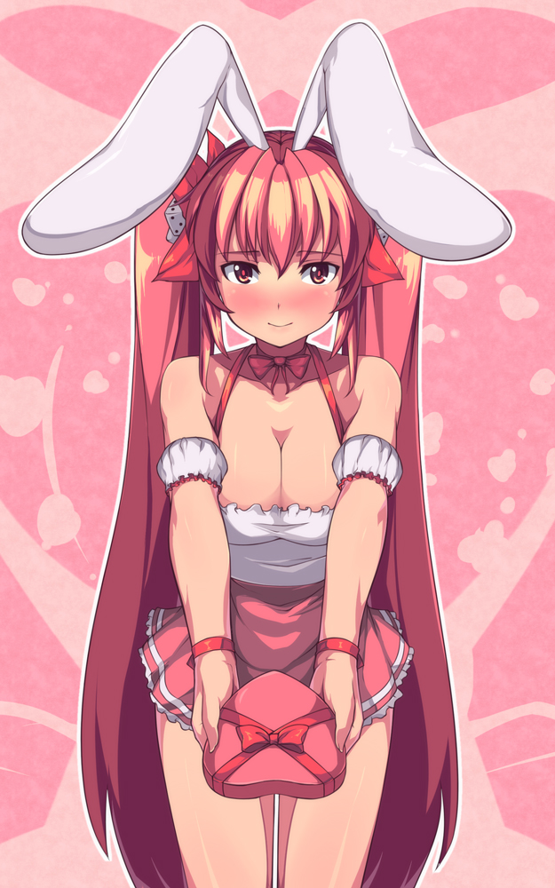 1girl animal_ears bare_shoulders blush breasts cleavage di_gi_charat dice female_focus gift hair_ornament incoming_gift large_breasts long_hair outstretched_hand rabbit_ears red_eyes red_hair saiste smile solo usada_hikaru valentine very_long_hair