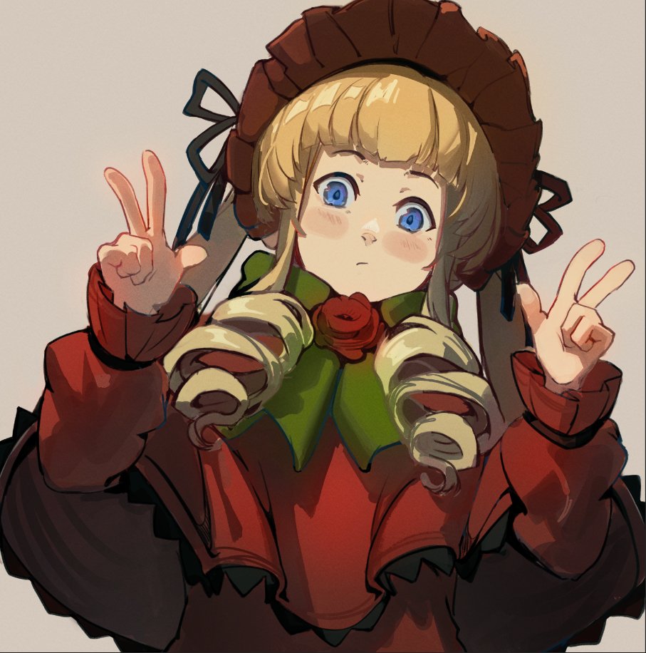 1girl blonde_hair blue_eyes blush bonnet capelet commentary double_v drill_hair eccomicco english_commentary flower long_hair long_sleeves looking_at_viewer rose rozen_maiden shinku solo v