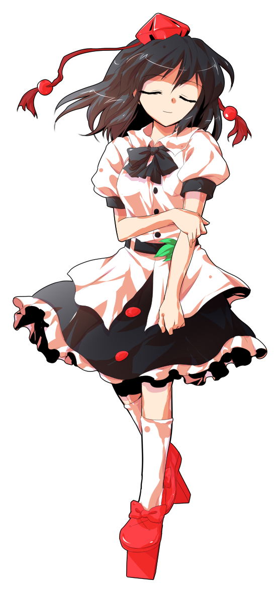 1girl black_bow black_bowtie black_hair black_skirt bow bowtie dairi defeat frilled_skirt frills full_body geta hat miniskirt puffy_short_sleeves puffy_sleeves red_hat red_shoes shameimaru_aya shirt shoes short_sleeves simple_background skirt socks solo tachi-e tengu-geta tokin_hat torn_clothes torn_socks touhou transparent_background white_shirt white_socks