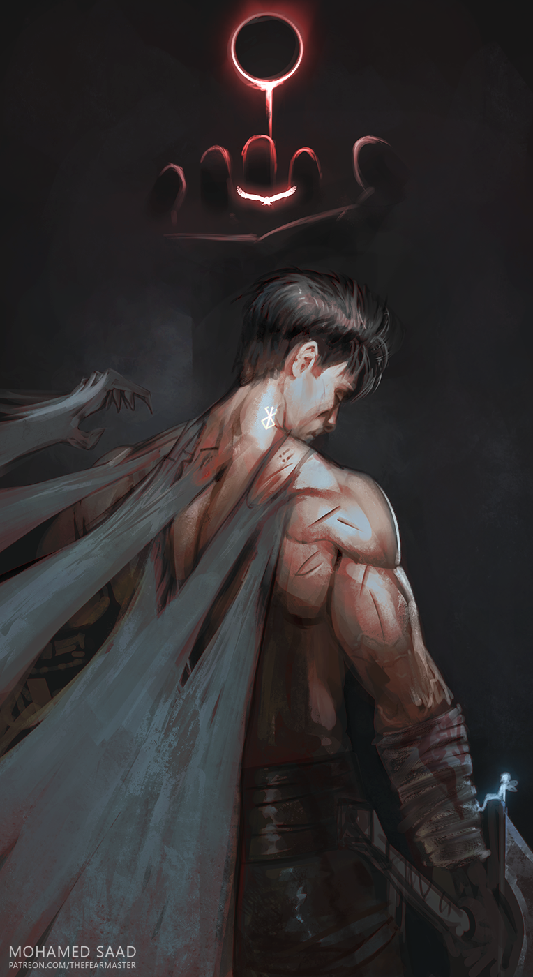 1boy artist_name bandaged_arm bandages berserk bird black_hair brand_of_sacrifice dragonslayer_(sword) eclipse glowing glowing_bird greatsword guts_(berserk) hand_on_another&#039;s_back highres holding holding_sword holding_weapon injury male_focus muscular muscular_male short_hair solar_eclipse solo sword thefearmaster topless_female topless_male weapon
