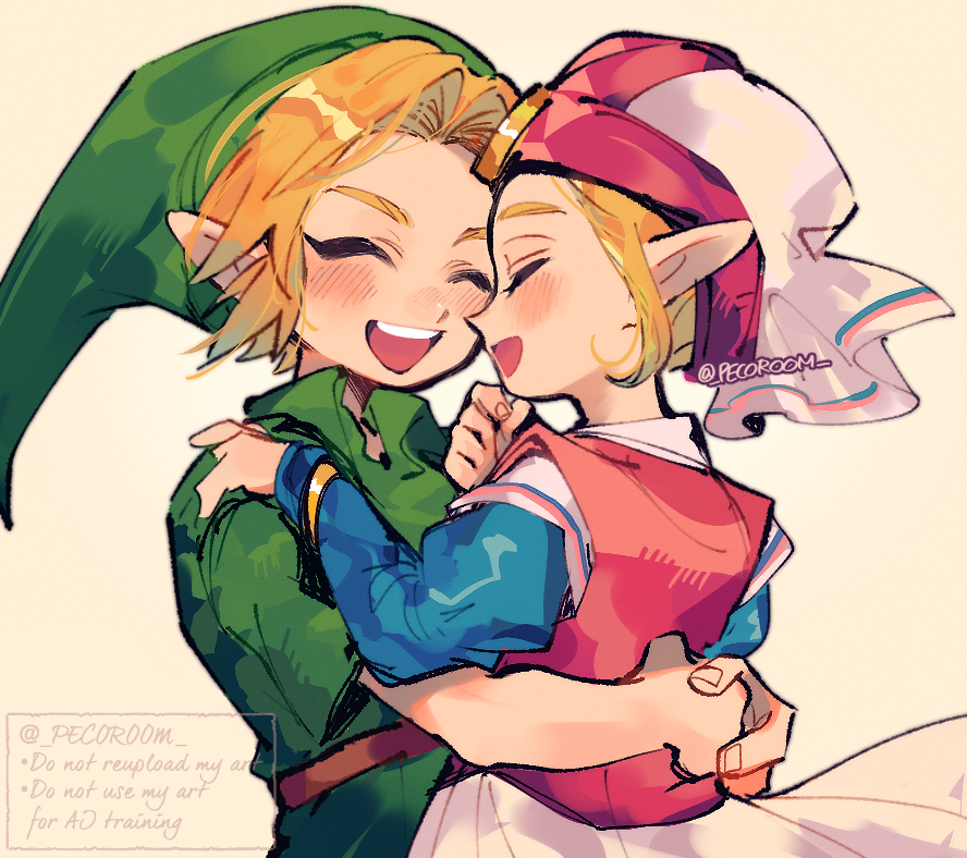 1boy 1girl belt blonde_hair blue_sleeves blush brown_belt child closed_eyes commentary_request dress facing_another green_hat green_tunic hand_on_another&#039;s_shoulder hat hetero hug juliet_sleeves link long_sleeves nintendo open_mouth partial_commentary pink_dress pink_hat pointy_ears princess_zelda puffy_sleeves repikinoko short_sleeves simple_background smile teeth the_legend_of_zelda the_legend_of_zelda:_ocarina_of_time tunic twitter_username two-tone_dress two-tone_headwear upper_body upper_teeth_only white_dress white_hat yellow_background young_link young_zelda