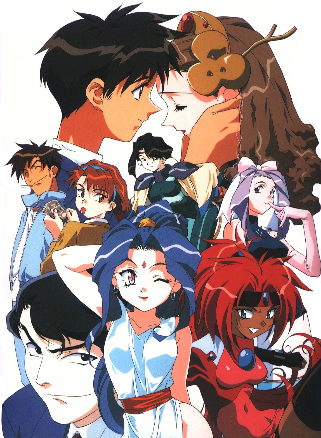 1990s_(style) 3boys 6+girls :p afura_mann alielle aqua_eyes arm_behind_head arm_up blonde_hair bow cape cigarette closed_eyes contrapposto dark_skin earrings el_hazard elbow_gloves facial_mark finger_to_mouth fingerless_gloves forehead_mark gloves grin hair_bow hairband headband high_ponytail highres ifurita jewelry jinnai_nanami long_hair miz_mishtal mizuhara_makoto money multiple_boys multiple_girls nakazawa_kazuto official_art one_eye_closed pink_eyes pink_gloves ponytail purple_hair red_hair retro_artstyle rune_venus shayla-shayla sleeveless smile standing tongue tongue_out wink