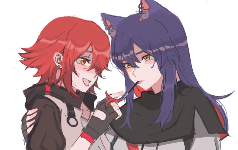 2girls animal_ear_fluff animal_ears arknights arm_around_shoulder black_capelet black_gloves blue_hair capelet chinese_commentary commentary earrings english_commentary exusiai_(arknights) fingerless_gloves food gloves hair_between_eyes hug jacket jewelry kotori_(b-i-r-d) long_hair mixed-language_commentary mouth_hold multiple_girls open_mouth orange_eyes pocky red_hair short_hair simple_background smile texas_(arknights) tongue tongue_out upper_body white_background white_jacket wolf_ears yuri