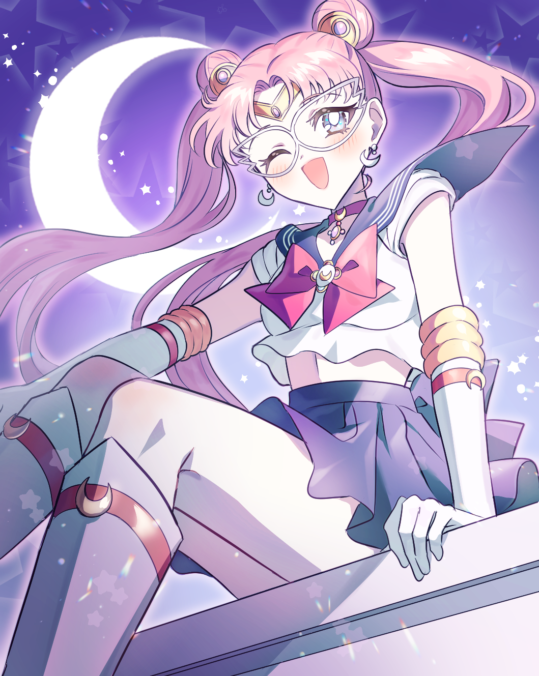 1girl ;d back_bow bishoujo_senshi_sailor_moon blue_bow blue_eyes blue_sailor_collar blue_skirt boots bow brooch choker circlet crescent crescent_choker crescent_earrings crescent_moon double_bun earrings elbow_gloves gloves hair_bun hair_ornament hairpin highres jewelry knee_boots long_hair looking_at_viewer loveodoro mask moon official_alternate_hair_color one_eye_closed open_mouth parted_bangs pink_hair purple_background red_bow red_choker sailor_collar sailor_moon sailor_moon_(prototype) sailor_senshi_uniform shirt sitting skirt smile solo star_(symbol) star_symbol_background tsukino_usagi twintails white_boots white_gloves white_shirt