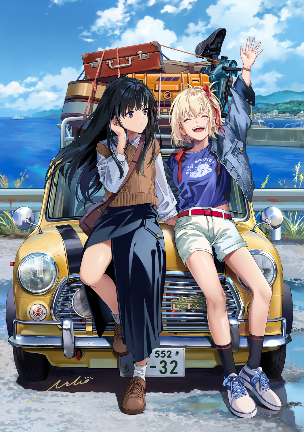 2girls ^_^ bag belt belt_buckle bicycle black_hair black_skirt blonde_hair blue_jacket blue_shirt blue_sky breasts brown_footwear brown_sweater_vest buckle car closed_eyes closed_mouth cloud collarbone commentary copyright_name day denim english_commentary floating_hair hair_ribbon highres horizon inoue_takina jacket landscape leaning_on_object license_plate long_hair long_sleeves looking_at_another lycoris_recoil medium_breasts midriff_peek mini_cooper mixed-language_commentary motor_vehicle multiple_girls neko_(yanshoujie) nishikigi_chisato ocean open_clothes open_jacket open_mouth outdoors purple_eyes red_belt red_ribbon revision ribbon road shirt short_hair shorts shoulder_bag signature single_off_shoulder skirt sky socks suitcase sweater_vest teeth tucking_hair upper_teeth_only white_footwear white_shorts white_socks yellow_car