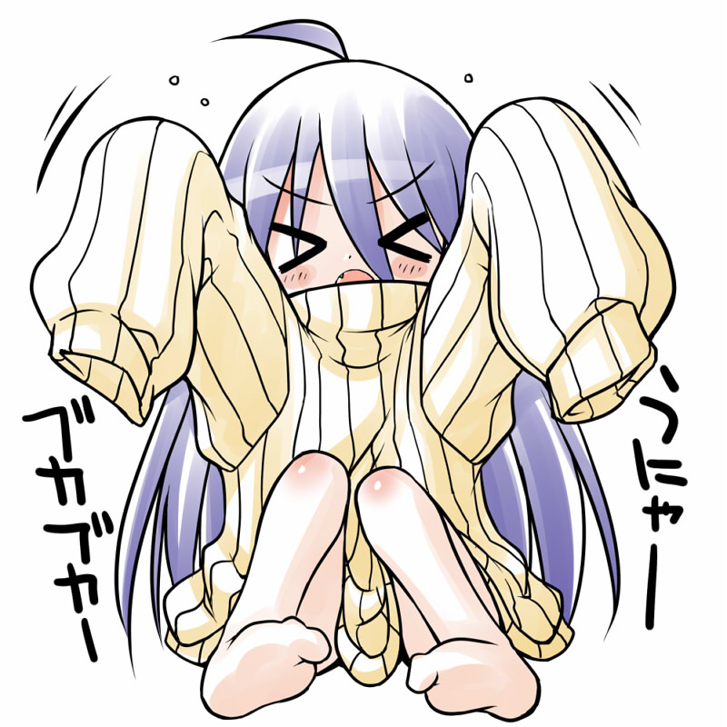 &gt;_&lt; 1girl ahoge akou_roushi bare_legs blue_hair blush closed_eyes female_focus long_hair long_sleeves open_mouth oversized_clothes ribbed_sweater sleeves_past_wrists solo sweater the_ring very_long_hair yamamura_sadako