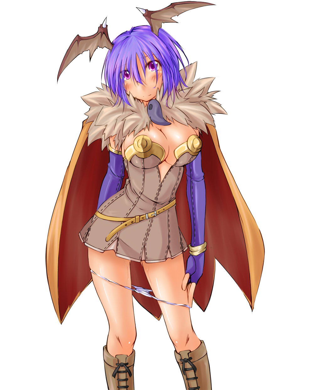 1girl alchemist_(ragnarok_online) arm_behind_back blush boots breasts brown_boots brown_cape brown_dress brown_wings cape cleavage closed_mouth commentary_request contrapposto demon_wings dress elbow_gloves feet_out_of_frame fingerless_gloves fur_collar gloves hair_between_eyes head_wings highres kaminagi_(kaminagi-tei) large_breasts long_bangs looking_at_viewer panties panty_pull pink_eyes purple_gloves purple_hair pussy_juice pussy_juice_trail ragnarok_online short_dress short_hair simple_background solo strapless strapless_dress underwear white_background white_panties wings