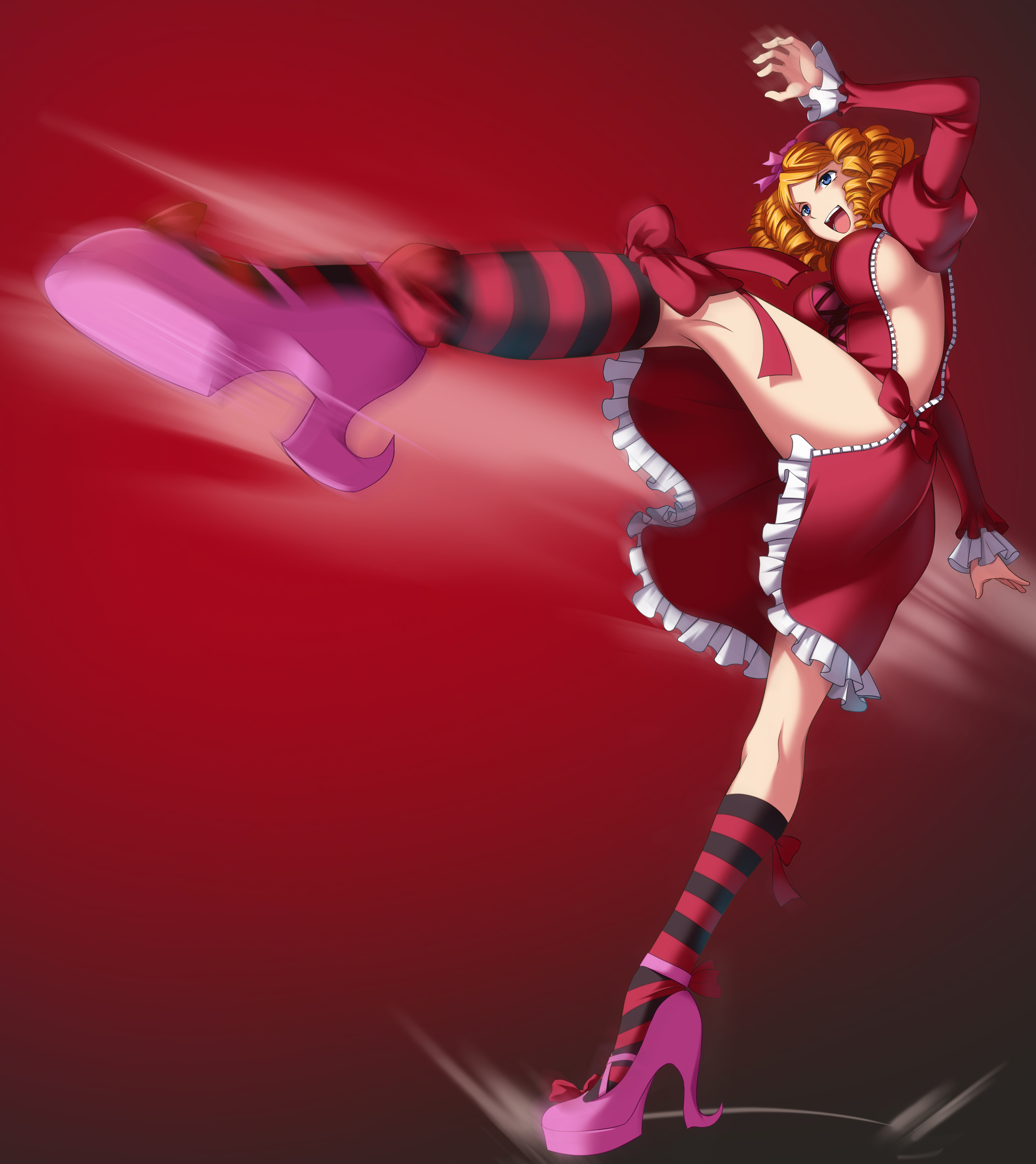 >:d 07th_expansion 1girl :d absurdres artist_request ass blonde_hair blue_eyes breasts dress drill_hair female_focus full_body gaap_(umineko) game_cg high_heels highres juliet_sleeves kicking kneehighs leg_up long_sleeves motion_blur no_bra no_panties official_art open_mouth puffy_sleeves red_background red_dress roundhouse_kick side_slit sideboob simple_background smile socks solo standing standing_on_one_leg striped_clothes striped_socks teeth thighs tongue umineko_no_naku_koro_ni v-shaped_eyebrows