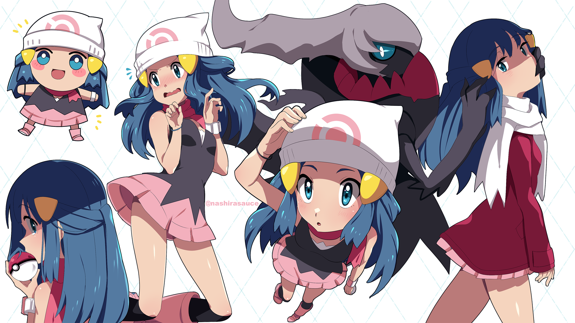 1girl arm_up beanie black_socks blue_eyes blue_hair blush_stickers boots bracelet chibi coat commentary darkrai dawn_(pokemon) game_freak gen_4_pokemon hair_ornament hairclip hand_up hat highres holding holding_poke_ball jewelry kneehighs legendary_pokemon long_hair long_sleeves looking_back mythical_pokemon nashirasauce nintendo notice_lines pink_boots pink_scarf poke_ball poke_ball_(basic) pokemon pokemon_(anime) pokemon_(creature) pokemon_dppt pokemon_dppt_(anime) pokemon_platinum red_coat scarf sidelocks socks white_scarf