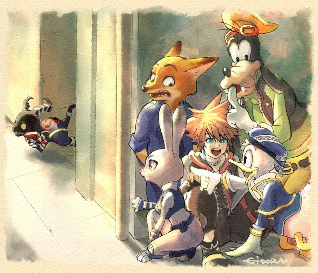1girl 4boys artist_name book brown_hair crossover donald_duck finger_to_mouth furry goofy heartless judy_hopps king_gidora kingdom_hearts kingdom_hearts_iii mickey_mouse_&amp;_friends multiple_boys nick_wilde on_one_knee police police_uniform shushing sora_(kingdom_hearts) spiked_hair zootopia