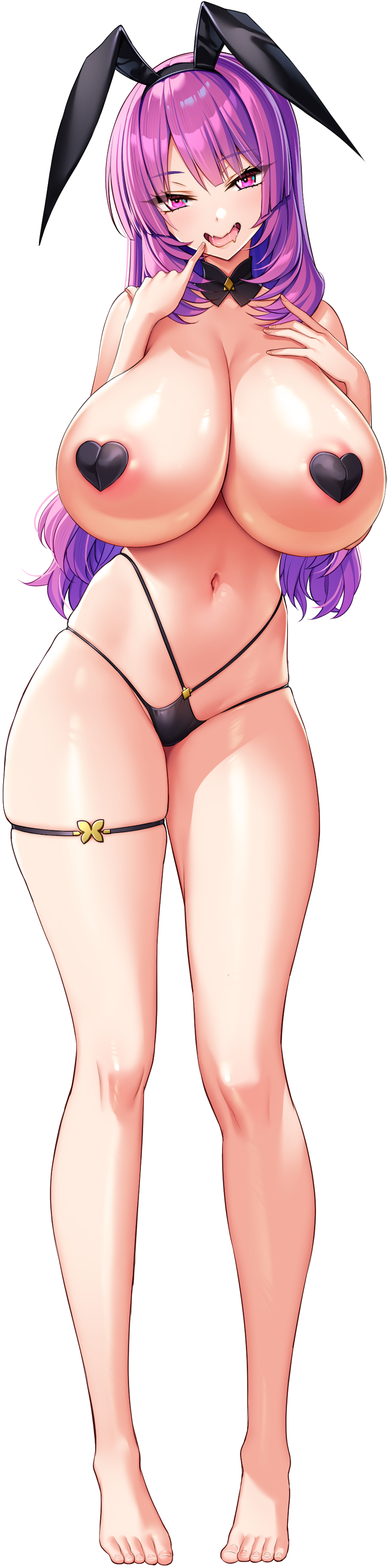 1girl absurdres animal_ear_hairband animal_ears areola_slip bikini black_bikini black_choker black_hairband black_pasties breasts choker cleavage derauea drooling fake_animal_ears finger_to_mouth game_cg hairband hand_on_own_chest heart_pasties highres huge_breasts light_blush long_hair long_image looking_at_viewer motto!_haramase!_honoo_no_oppai_isekai_oppai_bunny_gakuen! non-web_source nontraditional_playboy_bunny official_art open_mouth pasties pinky_to_mouth purple_eyes purple_hair rabbit_ear_hairband rabbit_ears raphiel_grimlight saliva skindentation smile solo star_(symbol) star_in_eye swimsuit symbol_in_eye tachi-e tall_image thigh_strap transparent_background wavy_hair