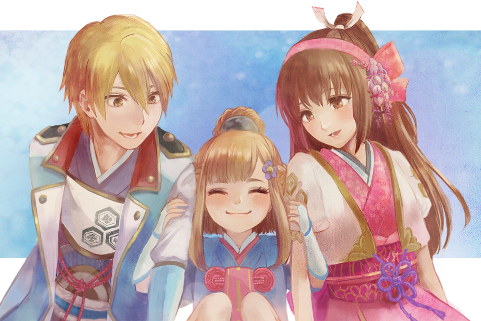 armor azai_nagamasa blonde_hair brown_eyes brown_hair chacha closed_eyes family father_and_daughter hair_ornament happy hug japanese_clothes kimono long_hair mother_and_daughter oichi oichi_(sengoku_musou) ponytail sengoku_musou smile yukata