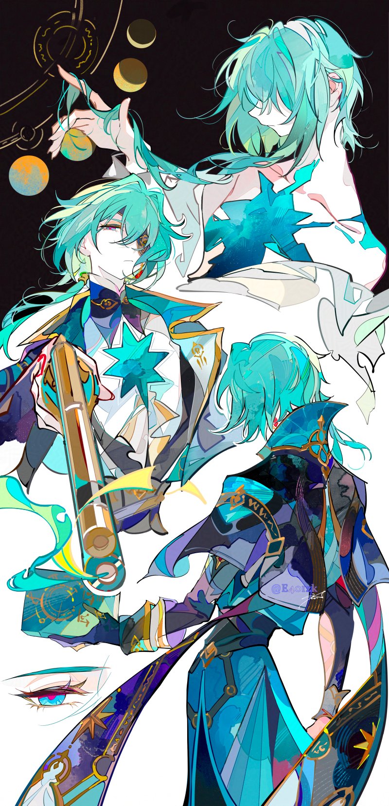 1boy aiming aiming_at_viewer anaxa_(honkai:_star_rail) black_background black_jacket blue_eyes book ezu_(e104mjd) facing_away glaring green_hair green_jacket gun hair_over_one_eye hand_up high_collar highres holding holding_book holding_gun holding_weapon honkai:_star_rail honkai_(series) jacket long_hair male_focus multicolored_eyes multiple_views off_shoulder pink_eyes ponytail shirt smoke two-tone_background two-tone_eyes weapon white_background white_shirt
