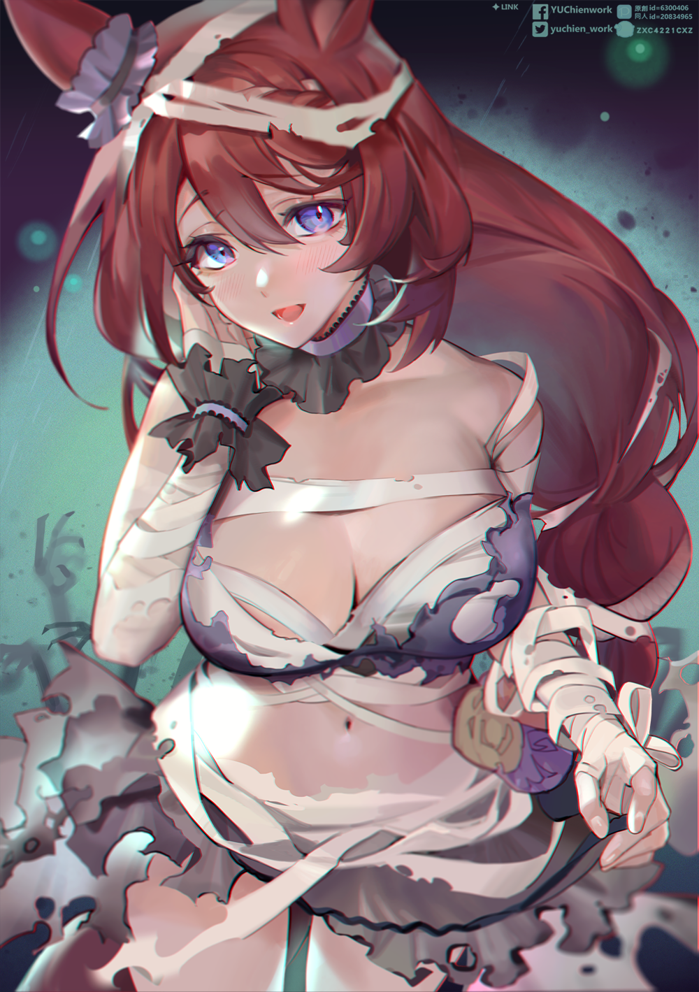 animal_ears bandage_on_hair bandaged_arm bandaged_torso bandages bare_shoulders blue_eyes breasts brown_hair chest_sarashi choker cleavage commentary cowboy_shot ear_scrunchie facebook_username frilled_choker frills hair_between_eyes hand_on_own_chest highres horse_ears large_breasts long_hair low-braided_long_hair low-tied_long_hair midriff mummy_costume navel official_alternate_costume open_mouth parted_bangs pixiv_id sarashi single_wrist_cuff skirt super_creek_(chiffon_ribbon_mummy)_(umamusume) super_creek_(umamusume) torn_clothes torn_skirt twitter_username umamusume very_long_hair wrist_cuffs yu_chien_(yuchien4221)