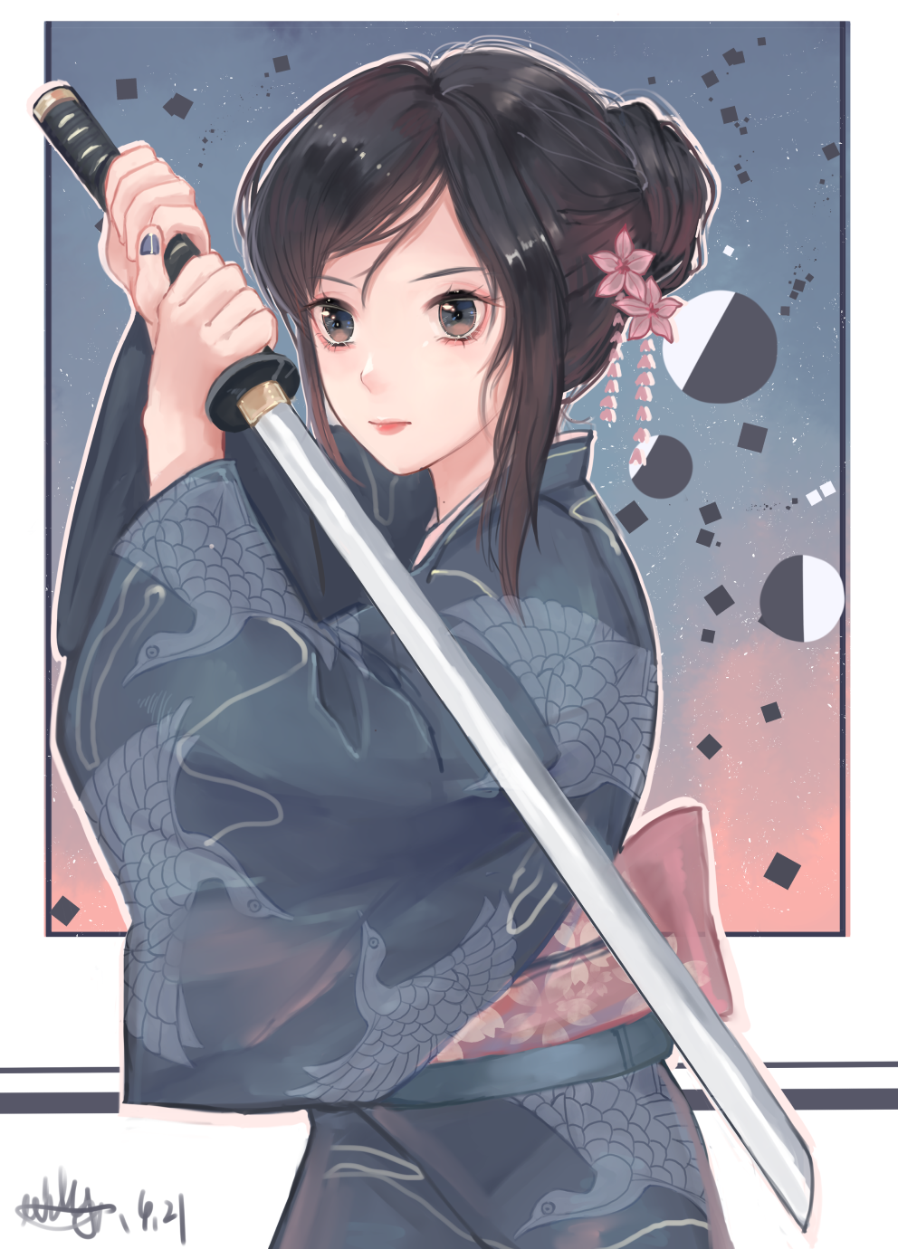 1girl animal_print back_bow bird_print black_hair blue_kimono blue_nails blue_sky bow cherry_blossom_print closed_mouth cowboy_shot dated determined eyelashes floral_print flower gradient_sky green_eyes hair_bun hair_flower hair_ornament highres holding holding_sword holding_weapon japanese_clothes kimono lipstick long_sleeves looking_at_viewer makeup nail_polish obi outline outside_border pink_bow pink_flower pink_sash pink_sky red_lips remembrance_of_earth&#039;s_past sash short_hair_with_long_locks signature single_hair_bun sky solo sophon standing star_(sky) starry_sky sword tsu_(77413922) twilight updo weapon white_outline wide_sleeves