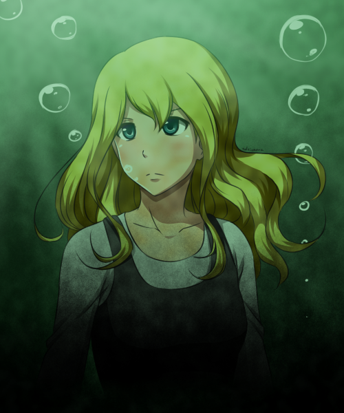1girl adricarra adricarra22 blonde_hair bubble collarbone expressionless female_focus green_eyes long_hair mermaid_swamp ningyo_numa sidelocks solo underwater yamazaki_rin
