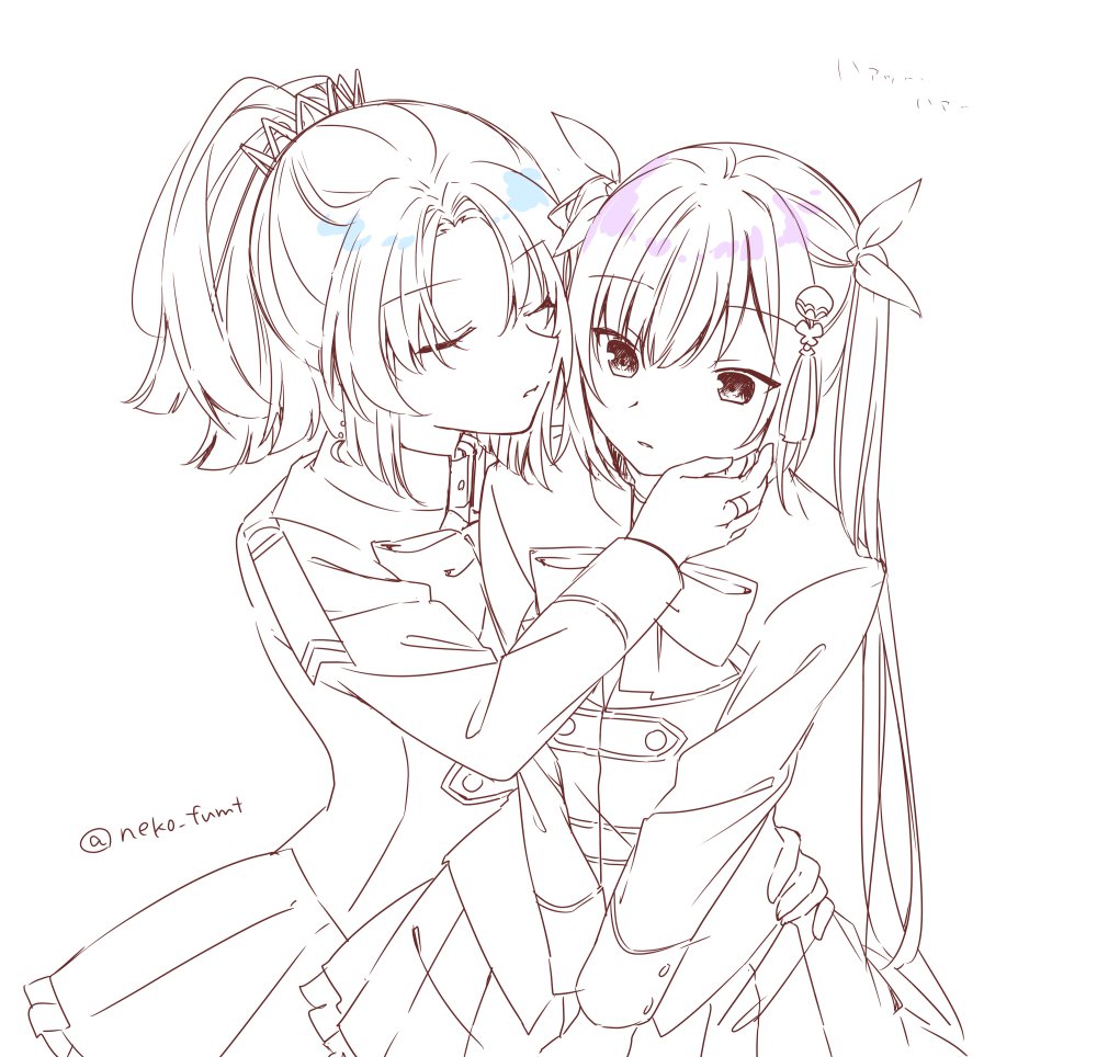 2girls arm_around_waist assault_lily benini blue_hair bow bowtie closed_eyes commentary cowboy_shot crescent crescent_earrings earrings frilled_skirt frills greyscale hair_ornament hand_on_another&#039;s_cheek hand_on_another&#039;s_face hand_on_another&#039;s_waist heads_together herensuge_girls_academy_school_uniform high_ponytail jewelry long_hair long_sleeves looking_ahead makino_mitake matsumura_fuuka medium_hair monochrome multiple_girls own_hands_together parted_bangs parted_lips pleated_skirt ponytail purple_hair ring school_uniform simple_background skirt spot_color standing symbol-only_commentary tassel tassel_hair_ornament twintails twitter_username v_arms very_long_hair white_background yuri