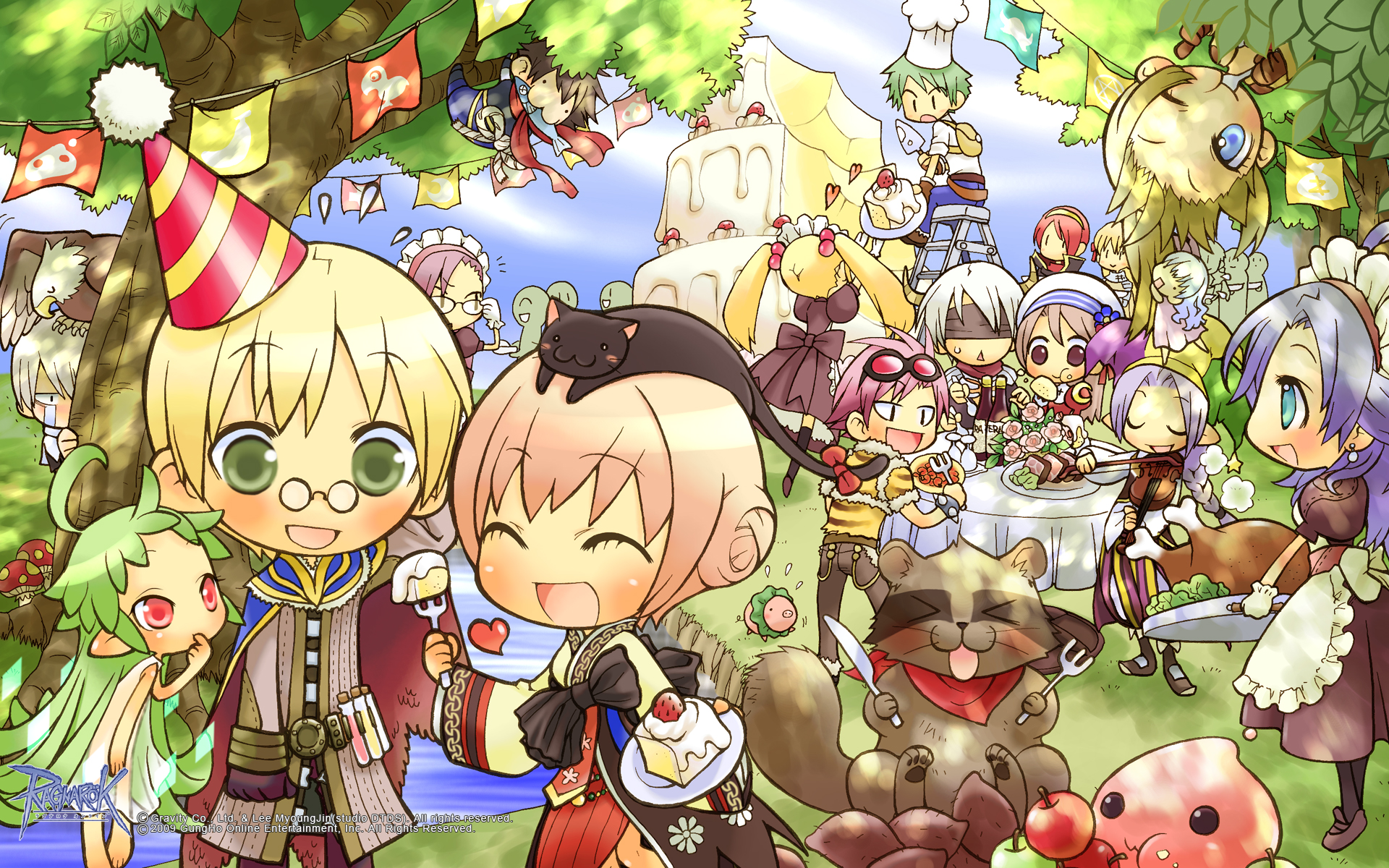 6+boys 6+girls :3 alchemist_(ragnarok_online) animal animal_on_head animal_print apple apron baggy_pants bandana belt bird black_hat blacksmith_(ragnarok_online) blindfold blonde_hair blue_cape blue_eyes blue_flower blue_pants blue_sky blush bottle bow_(music) bracelet braid brown_belt brown_coat brown_dress brown_footwear brown_gloves brown_hair brown_pants brown_shirt brown_skirt cake cake_slicer cape cat cat_on_head chef_hat chibi chibi_only chicken_(food) closed_eyes closed_mouth cloud clown_(ragnarok_online) coat copyright_notice crying curly_sue dress eagle eating fish_in_mouth flower food fork frilled_apron frills fruit fujimori_nattsu full_body fur-trimmed_jacket fur_trim glasses gloves goggles goggles_on_head grass green_eyes green_hair green_hat hanbok hat hat_flower high_priest_(ragnarok_online) highres holding holding_bow_(music) holding_fork holding_instrument holding_violin hunter_(ragnarok_online) in_tree instrument jacket jester_cap jewelry kafra_uniform knight_(ragnarok_online) korean_clothes leilah_(ragnarok_online) lif_(ragnarok_online) logo long_hair long_sleeves maid maid_headdress marionette_(ragnarok_online) meat multicolored_hat multiple_boys multiple_girls mushroom ninja_(ragnarok_online) official_art official_wallpaper on_head one_eye_closed open_mouth outdoors pants party_hat pavianne_(ragnarok_online) peco_peco peeking_out pelvic_curtain piglet pink_eyes pink_hair pizza pointy_ears poring print_jacket puffy_short_sleeves puffy_sleeves purple_hair purple_hat raccoon ragnarok_online red_bandana red_cape red_hair red_sash red_scarf rogue_(ragnarok_online) sash savage_babe scarf shirt shoes short_hair short_sleeves skirt sky smile smokie_(ragnarok_online) soul_linker_(ragnarok_online) spiked_bracelet spikes streaming_tears sweet_potato tam_(ragnarok_online) tears thief_(ragnarok_online) tiger_print tree triangle_mouth two-sided_cape two-sided_fabric violin white_apron white_gloves white_hat white_shirt wine_bottle wizard_(ragnarok_online) yellow_hat yellow_jacket