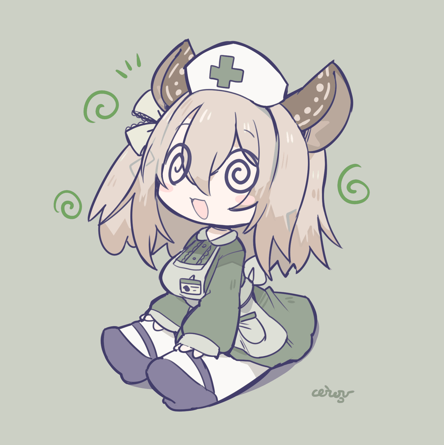 1girl @_@ animal_ears black_shoes ceroro full_body green_background hat highres indie_virtual_youtuber medium_hair name_tag nimi_nightmare nurse_cap one_side_up open_mouth shoes simple_background sitting solo tapir_ears tapir_girl virtual_youtuber