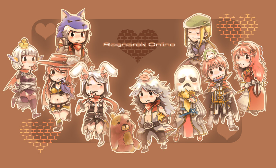 4boys 5girls :3 animal animal_ears animal_on_head armored_boots assassin_(ragnarok_online) assassin_cross_(ragnarok_online) back_bow bandages_over_clothes bandana beret bird bird_on_head black_eyes black_gloves black_hair black_leotard black_socks blonde_hair blunt_bangs bob_cut book boots bow breasts brown_background capelet champion_(ragnarok_online) character_doll chibi chibi_only closed_eyes closed_mouth clown_(ragnarok_online) coat collared_shirt commentary_request copyright_name crop_top detached_sleeves dress flat_chest flower flower_in_mouth full_body fur-trimmed_capelet fur-trimmed_shirt fur-trimmed_shorts fur_trim ghost_mask gloves green_hat grey_hair grey_sleeves hair_bow hat heart high_priest_(ragnarok_online) high_wizard_(ragnarok_online) holding holding_book juliet_sleeves leotard lif_(ragnarok_online) long_hair long_sleeves looking_at_viewer medium_breasts midriff multicolored_coat multiple_boys multiple_girls navel on_head one_eye_closed open_mouth pants pink_flower pink_hair pink_hat plume pointy_ears popped_collar poring professor_(ragnarok_online) puffy_sleeves purple_leotard purple_vest rabbit_ears rabbit_girl ragnarok_online red_bandana red_bow red_capelet red_coat red_dress red_hair red_scarf revealing_clothes santa_hat scarf scroll_tube shirt short_hair shorts sleeveless sleeveless_coat sleeveless_dress sleeveless_shirt slime_(creature) small_breasts smile sniper_(ragnarok_online) socks standing stuffed_animal stuffed_toy teddy_bear teddy_bear_(ragnarok_online) two-tone_coat two-tone_shirt vest waya_(takaomi777) white_bow white_coat white_dress white_flower white_gloves white_hair white_pants white_shirt white_sleeves wolf_hat yellow_shirt yellow_shorts