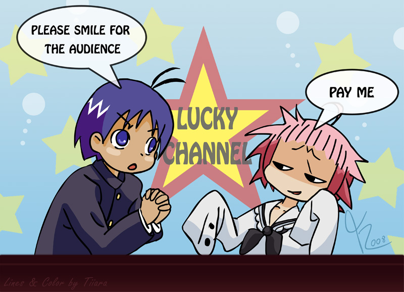 00s 1boy 1girl 2008 artist_name begging black_eyes blue_eyes blue_hair cosplay crossover dated english_text guu_(jungle_wa_itsumo) hare_(jungle_wa_itsumo) jungle_wa_itsumo_hare_nochi_guu kogami_akira kogami_akira_(cosplay) lucky_channel lucky_star oversized_clothes pink_hair school_uniform shaded_face shiraishi_minoru shiraishi_minoru_(cosplay) signature speech_bubble tiiara trolling