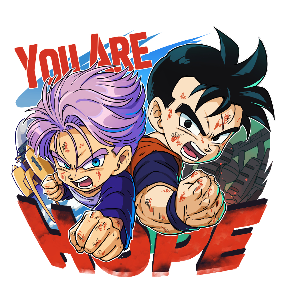 2boys back-to-back black_eyes black_hair blood blood_on_face blood_on_hands blue_eyes blue_shirt blue_sleeves boriroba clenched_hands commentary_request dirty dirty_clothes dirty_face dougi dragon_ball dragonball_z english_text floating_hair looking_at_viewer male_focus multiple_boys muscular muscular_male open_mouth orange_dougi parted_bangs purple_hair raglan_sleeves rubble scar scar_across_eye scar_on_face scratches shirt short_hair son_gohan son_gohan_(future) spiked_hair teacher_and_student time_machine trunks_(dragon_ball) trunks_(future)_(dragon_ball) veins veiny_hands white_background white_shirt