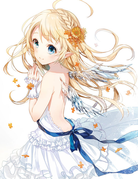 1girl ahoge angel_wings backless_dress backless_outfit bare_shoulders blonde_hair blue_eyes braid dress female_focus flower french_braid hair_flower hair_ornament long_hair looking_to_the_side original own_hands_clasped own_hands_together pointy_ears ribbon smile solo white_background white_dress wind wings wrist_cuffs yuzuki_kihiro