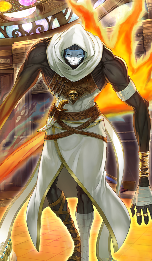 1boy asymmetrical_legwear bandages bare_shoulders belt black_skin bracelet brown_belt colored_skin commentary dagger fate/grand_order fate_(series) feet_out_of_frame glowing gold_bracelet gold_ring gold_trim hassan_of_the_cursed_arm_(fate) indoors jewelry knife light_rays long_arms male_focus mask mismatched_legwear muscular muscular_male official_alternate_costume official_art ribs robe sheath sheathed skull_mask solo stained_glass standing task_owner third-party_source weapon white_hood white_mask white_robe zabaniya_(fate)