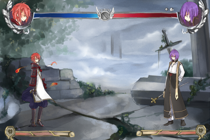 2boys arch_bishop_(ragnarok_online) armor black_coat black_shoes brick_wall broken_wall closed_mouth cloud coat commentary_request crescent crescent_hair_ornament cropped_jacket cross cross_of_prontera dagger expressionless fake_screenshot fighting_game full_body grey_sky hair_ornament health_bar holding holding_dagger holding_knife holding_staff holding_weapon jacket japanese_armor japanese_clothes kagerou_(ragnarok_online) kimono knife kote kurokote long_sleeves looking_at_another male_focus moss multiple_boys overcast pants pink_hair purple_hair ragnarok_online ruins shoes short_hair sky staff standing wane_(ruki) weapon white_jacket white_kimono white_pants