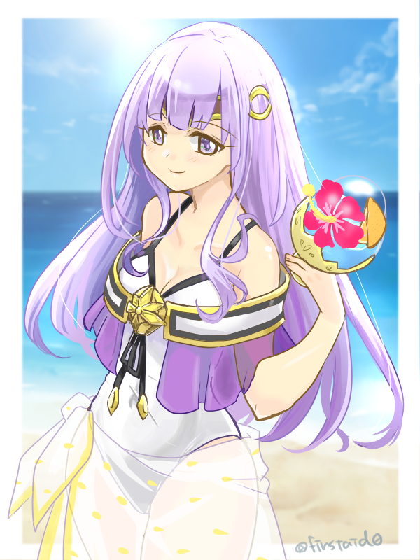 1girl alternate_costume bare_shoulders beach blue_sky breasts cleavage fire_emblem fire_emblem:_genealogy_of_the_holy_war julia_(fire_emblem) long_hair medium_breasts nintendo ocean one-piece_swimsuit sand sarong see-through_clothes see-through_sarong sky solo swimsuit white_one-piece_swimsuit yukia_(firstaid0)