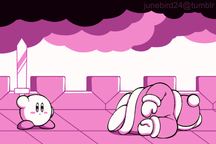 blush_stickers family_guy_death_pose_(meme) holding holding_sword holding_weapon junebird24 king_dedede kirby kirby&#039;s_dream_land_2 kirby_(series) limited_palette lying meme nintendo pink_theme pom_pom_(clothes) sword tumblr_username weapon