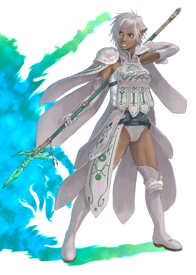 armor boots dark-skinned_female dark_skin elf halberd original panties pointy_ears polearm red_eyes ryu_(gaquarium) short_hair solo underwear weapon white_hair