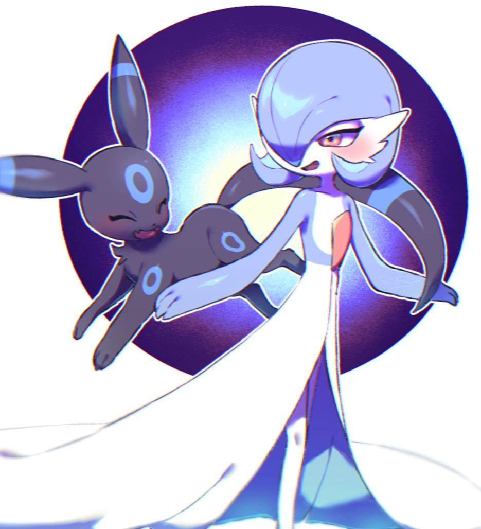 1girl ^_^ alternate_color blue_skin blurry blush bob_cut chromatic_aberration closed_eyes colored_skin depth_of_field facial_mark facing_another fang female_focus flat_chest forehead_mark gardevoir gen_2_pokemon gen_3_pokemon green_hair hair_over_one_eye half-closed_eyes happy jumping looking_at_another looking_to_the_side multicolored_skin nintendo one_eye_covered open_mouth outline pokemon pokemon_(creature) red_eyes s_(esumi_kihomaru) shiny_pokemon short_hair skin_fang smile standing two-tone_skin umbreon white_outline white_skin