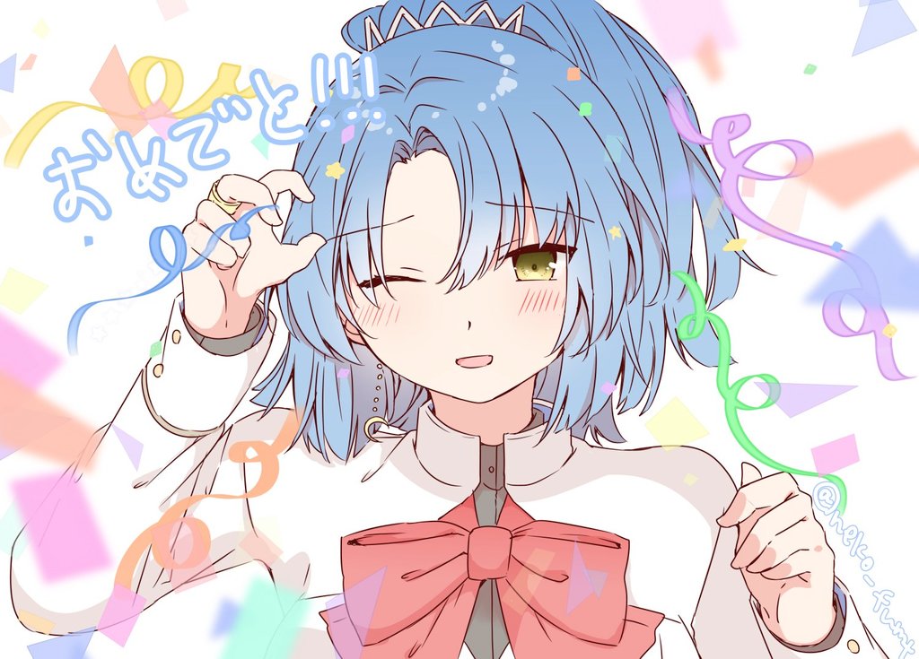 1girl arm_up assault_lily benini black_shirt blue_hair blurry blurry_foreground blush bow bowtie commentary confetti crescent crescent_earrings earrings hair_between_eyes hair_ornament hand_up happy_birthday herensuge_girls_academy_school_uniform high_ponytail jacket jewelry long_sleeves looking_at_viewer makino_mitake medium_hair one_eye_closed parted_lips ponytail portrait raised_eyebrows red_bow red_bowtie ring school_uniform shirt simple_background single_earring smile solo streamers translated twitter_username white_background white_jacket